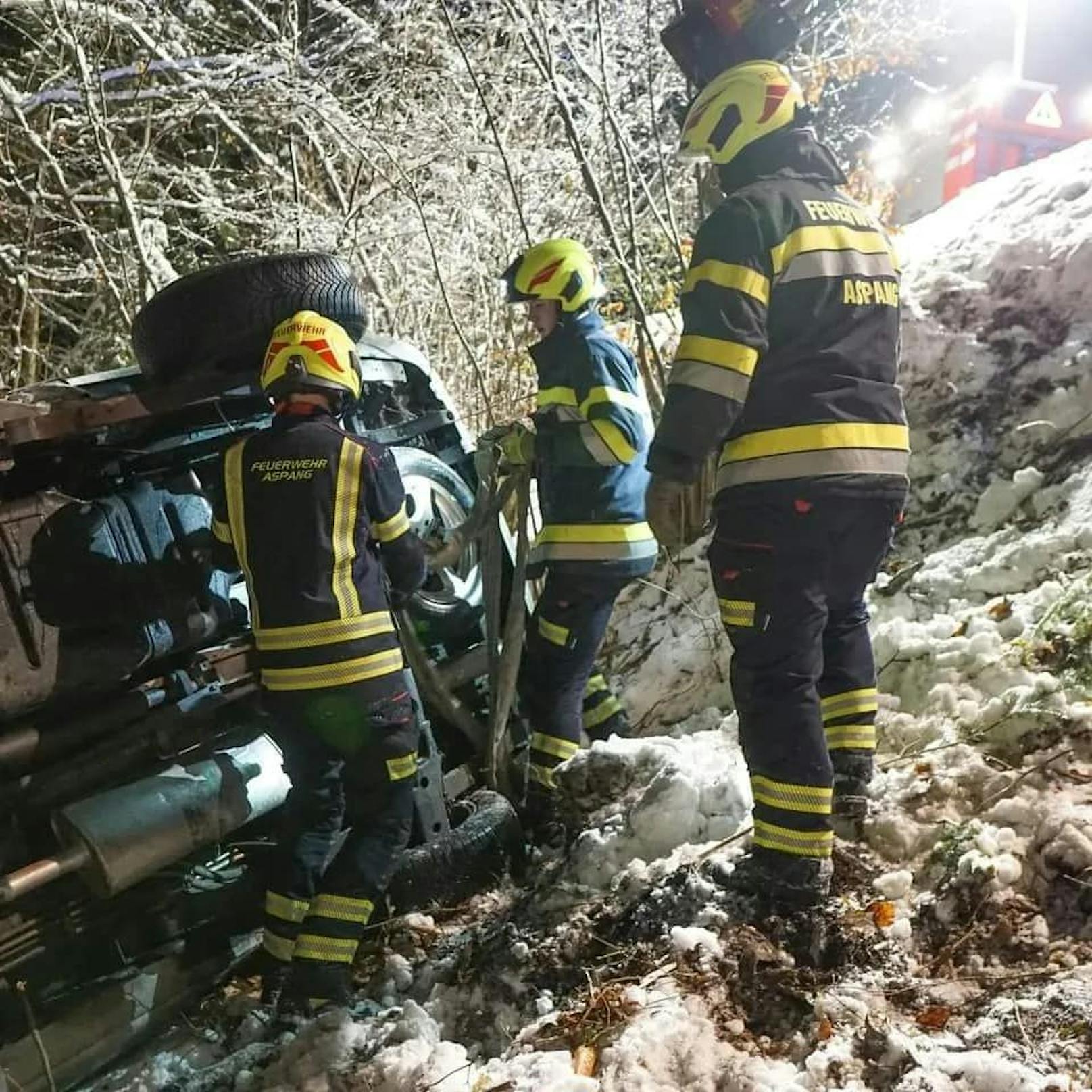 Die alarmierte Feuerwehr Aspang barg den Unfallwagen mittels Kran.