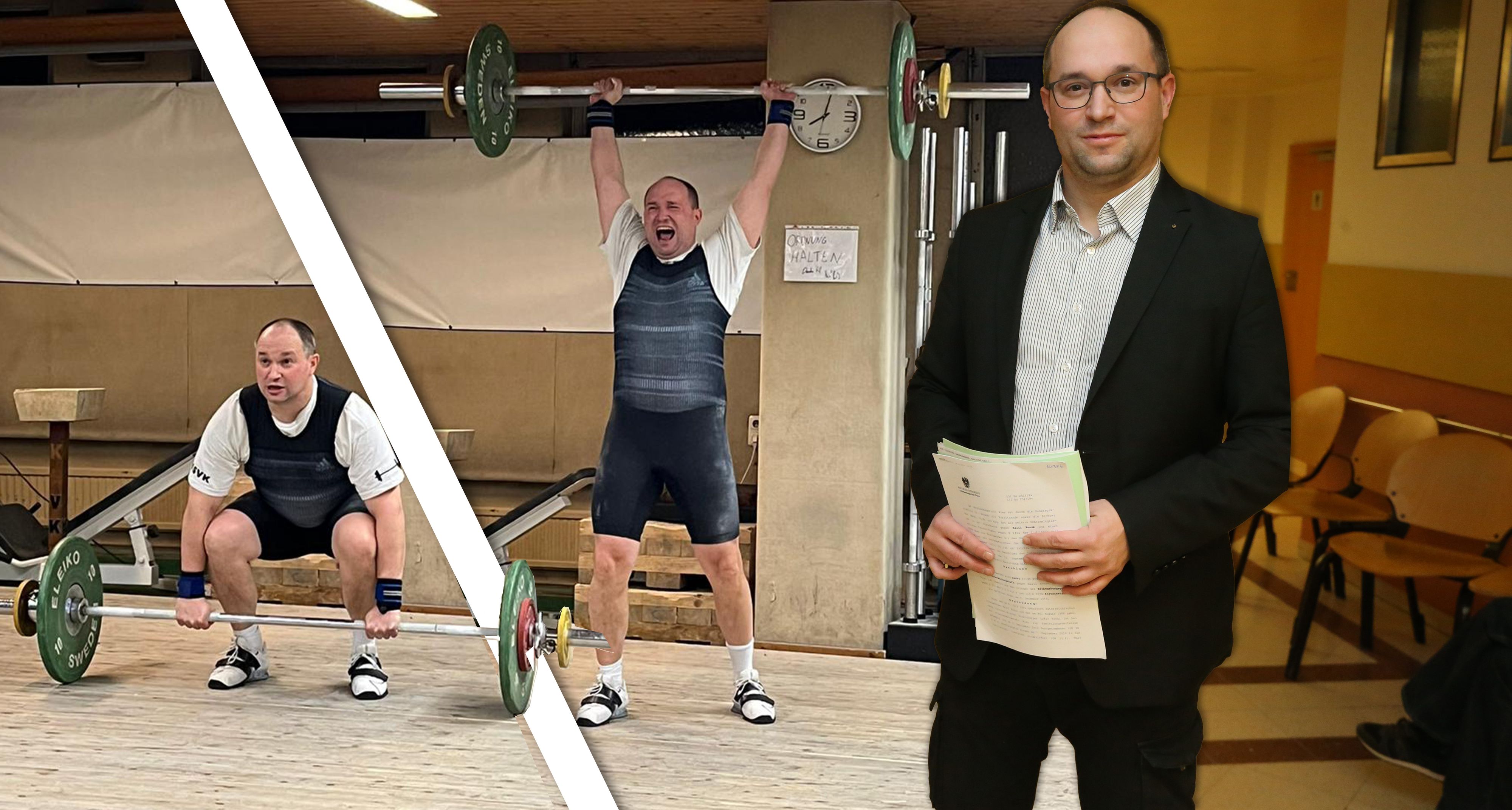 Rechtsanwalt Arthur Machac in Aktion – einmal mit Gewicht, rechts vor Gericht.