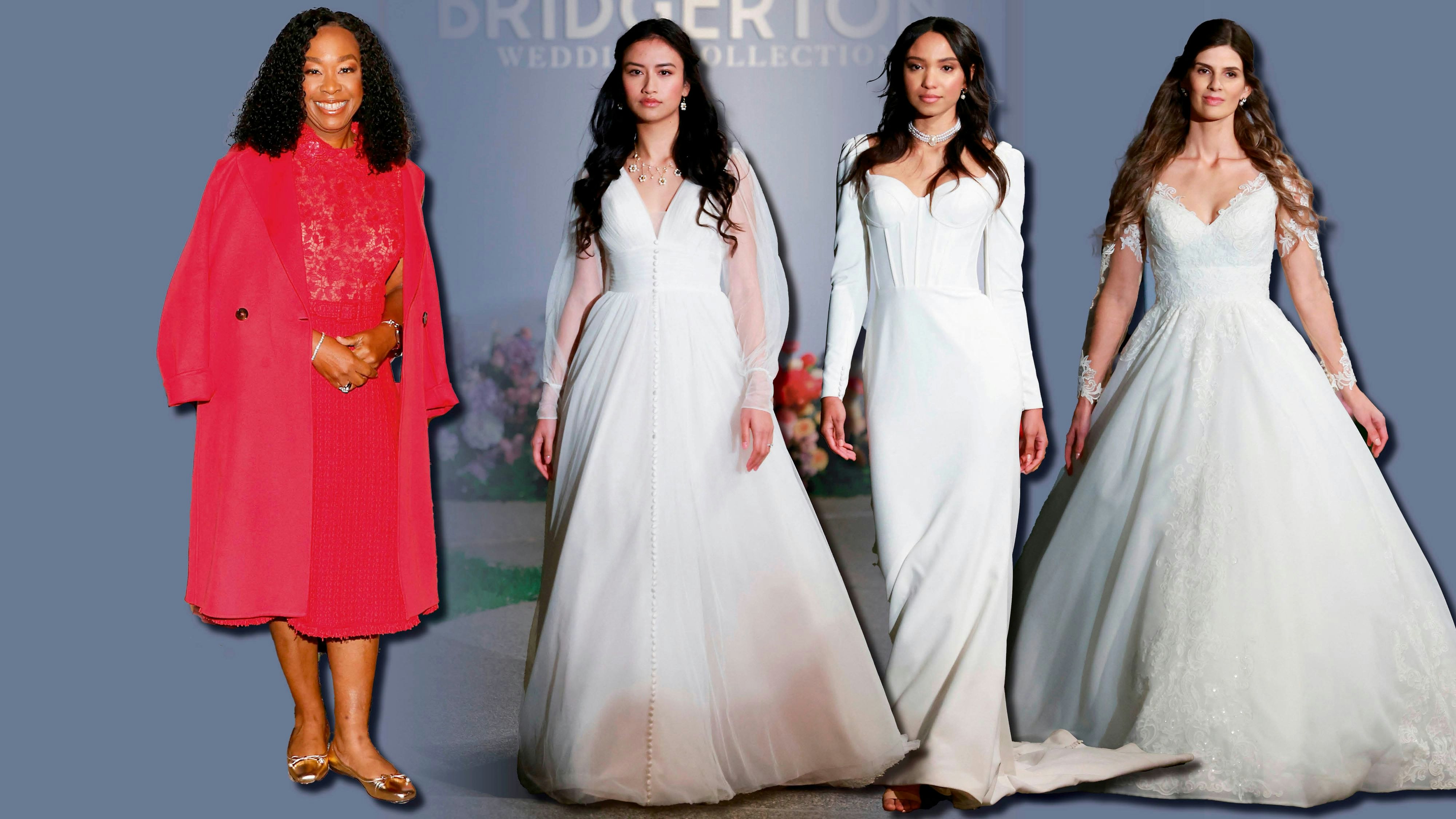 "Bridgeron"-Schöpferin Shonda Rhimes (links) und einige der von ihrer Serie inspirierten Brautkleider