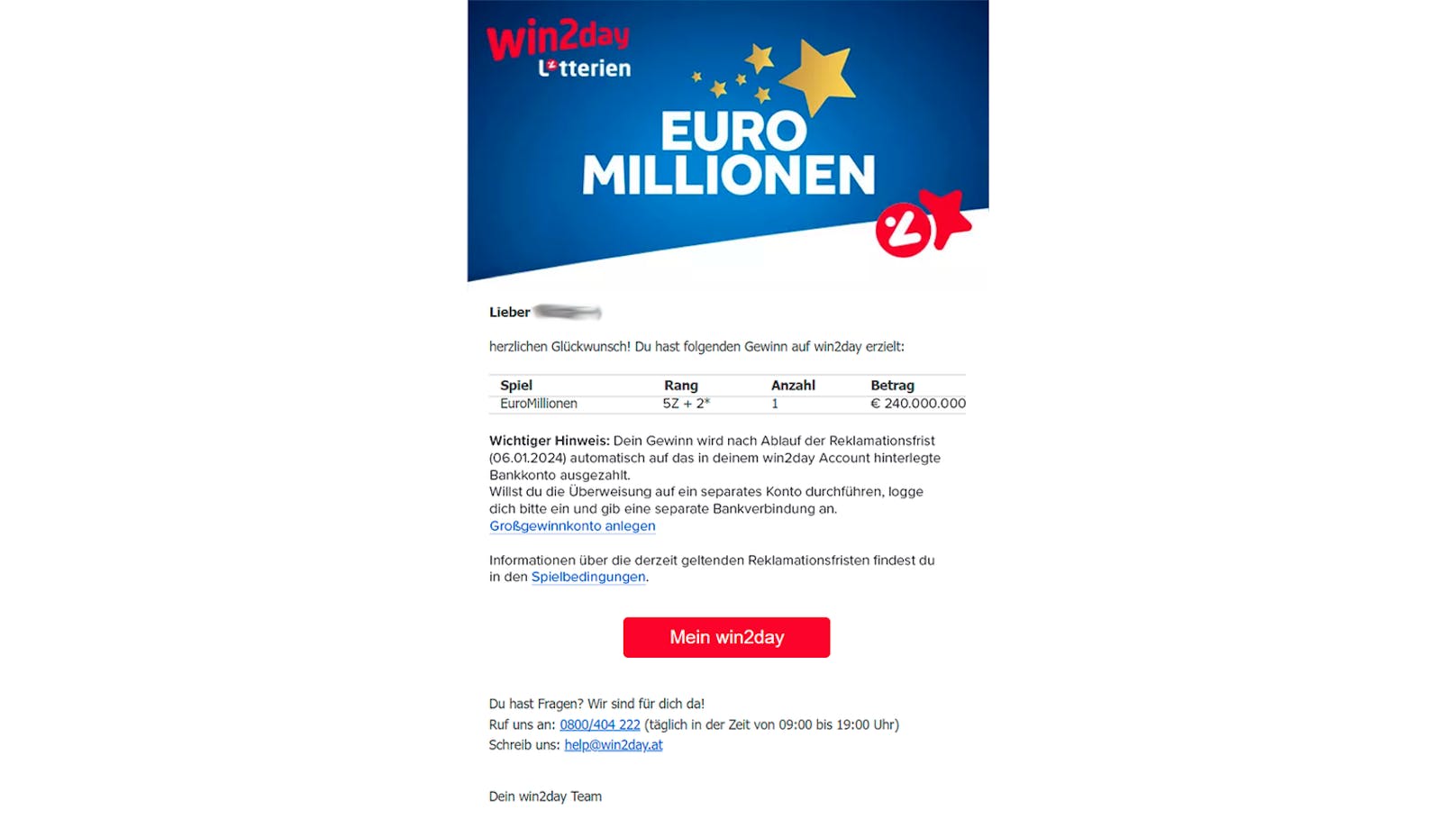 Diese Mail erhält man als Gewinner.