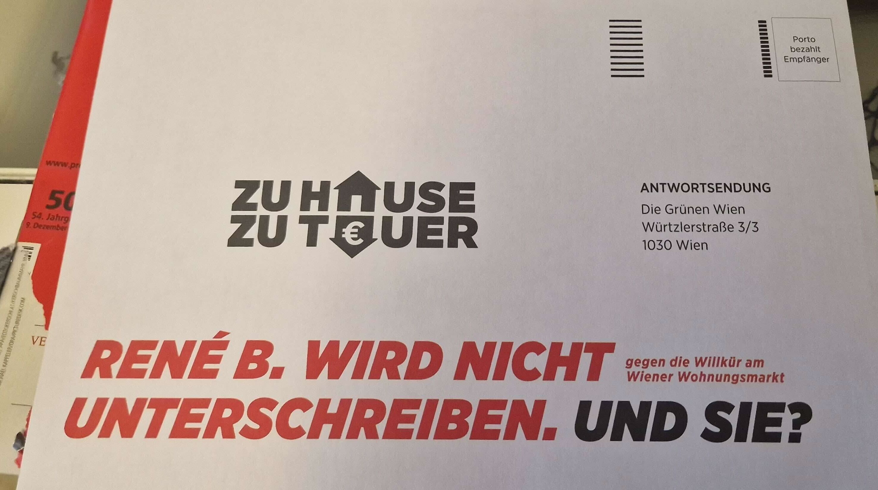 Mit dieser Postwurfsendung keilen die Wiener Grünen um Unterstützung zur Wohnkosten-Volksbefragung.