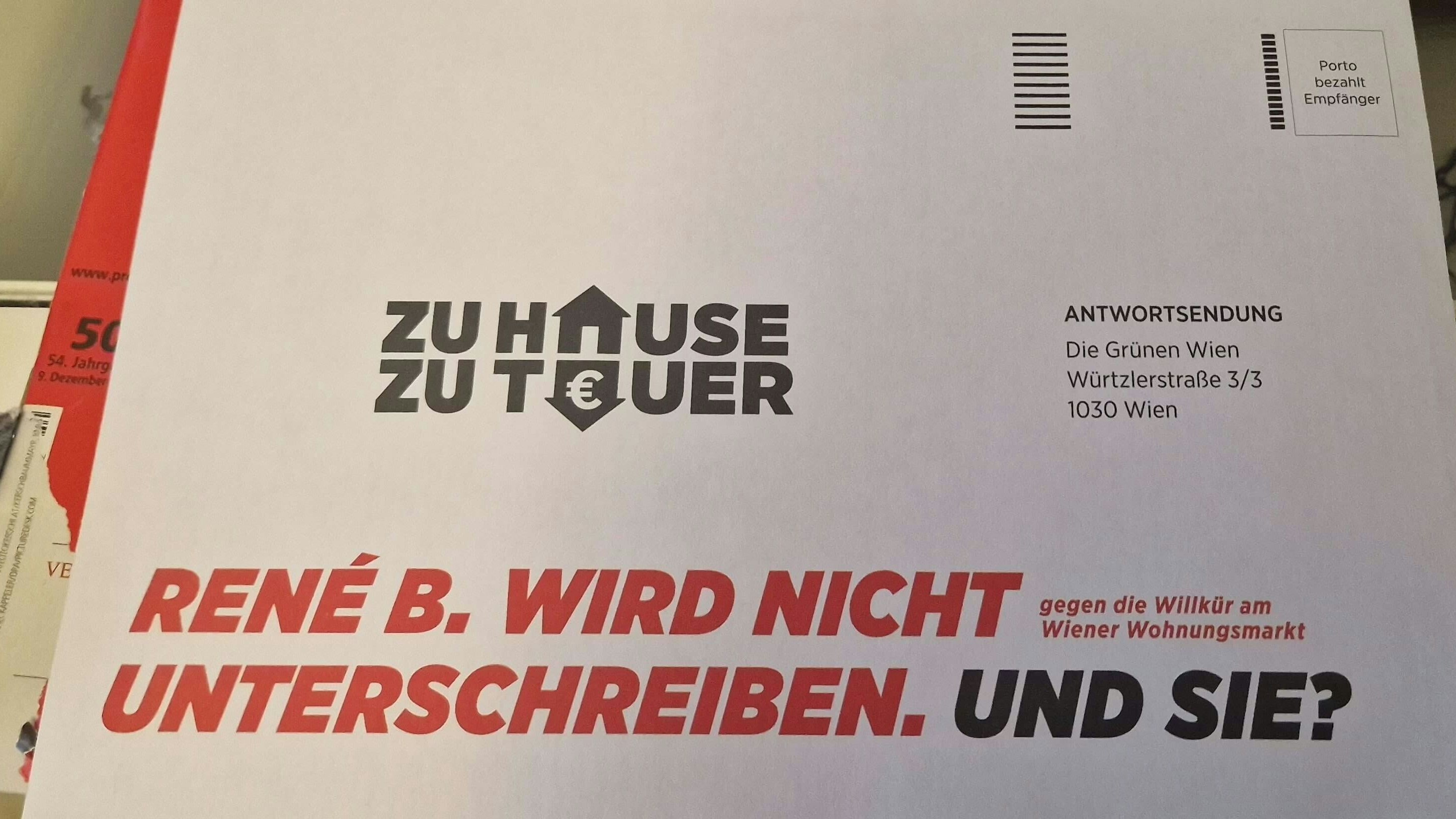 Mit dieser Postwurfsendung keilen die Wiener Grünen um Unterstützung zur Wohnkosten-Volksbefragung.