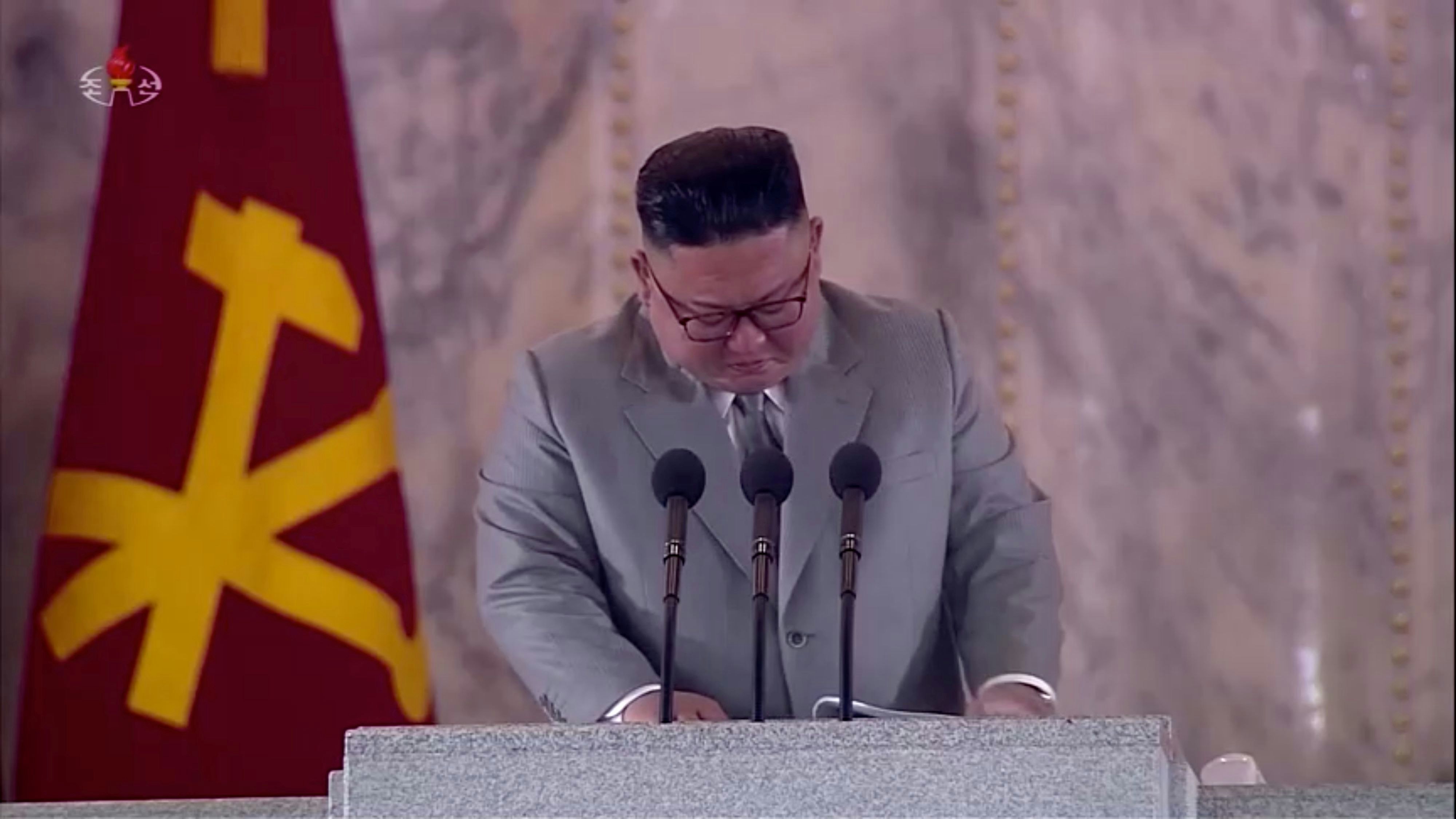 North Korean Leader Kim Jong Un reacts during a speech at a military parade marking 75th founding anniversary of Workers' Party of Korea (Wpk), in this still image taken from video on October 12, 2020. KRT TV/ via REUTERS ATTENTION EDITORS - THIS VIDEO WAS PROVIDED BY A THIRD PARTY. NO USE NORTH KOREA. NORTH KOREA OUT. NO COMMERCIAL OR EDITORIAL SALES IN NORTH KOREA.