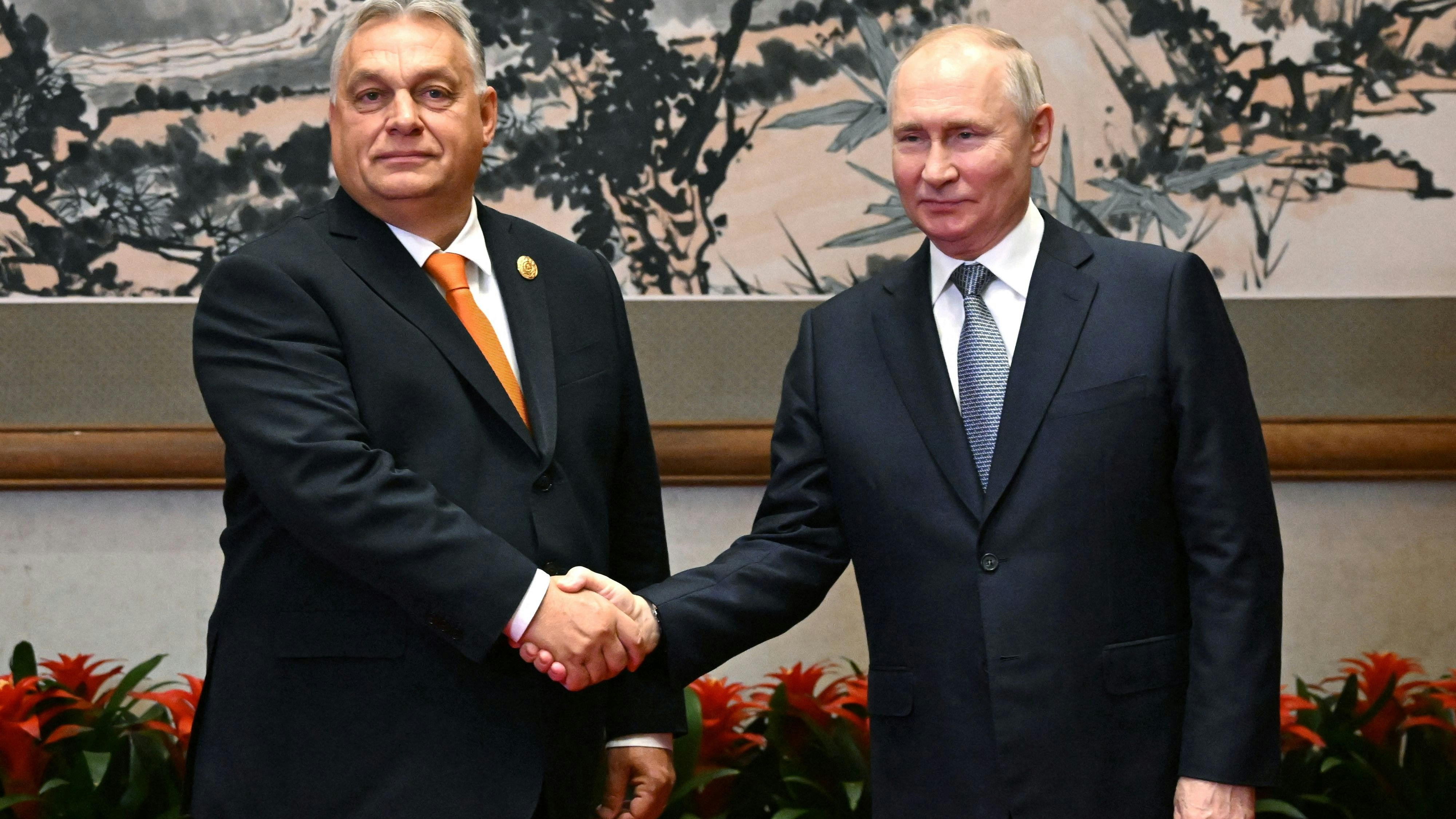Russian President Vladimir Putin shakes hands with Hungarian Prime Minister Viktor Orban during a meeting ahead of the Belt and Road Forum in Beijing, China, October 17, 2023. Sputnik/Grigory Sysoyev/Pool via REUTERS ATTENTION EDITORS - THIS IMAGE WAS PROVIDED BY A THIRD PARTY.