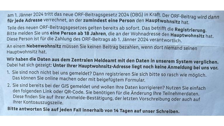 Der seltsame ORF-Brief zur neuen TV-Gebühr.