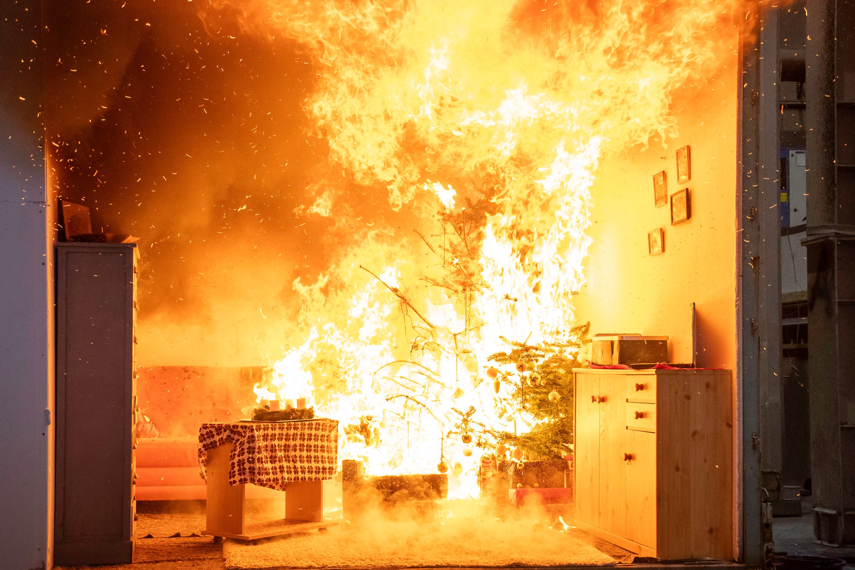 Bei einer Vorführung in den Räumen der Brandverhütungsstelle in Linz wurde gezeigt, wie schnell ein Christbaum lichterloh brennt.