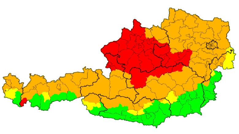 Die <strong>aktuellen Sturmwarnungen</strong> (22.12., 13 Uhr) für Österreich. Die flächendeckenden Warnungen und Vorwarnungen gelten von Donnerstag bis Samstagabend.