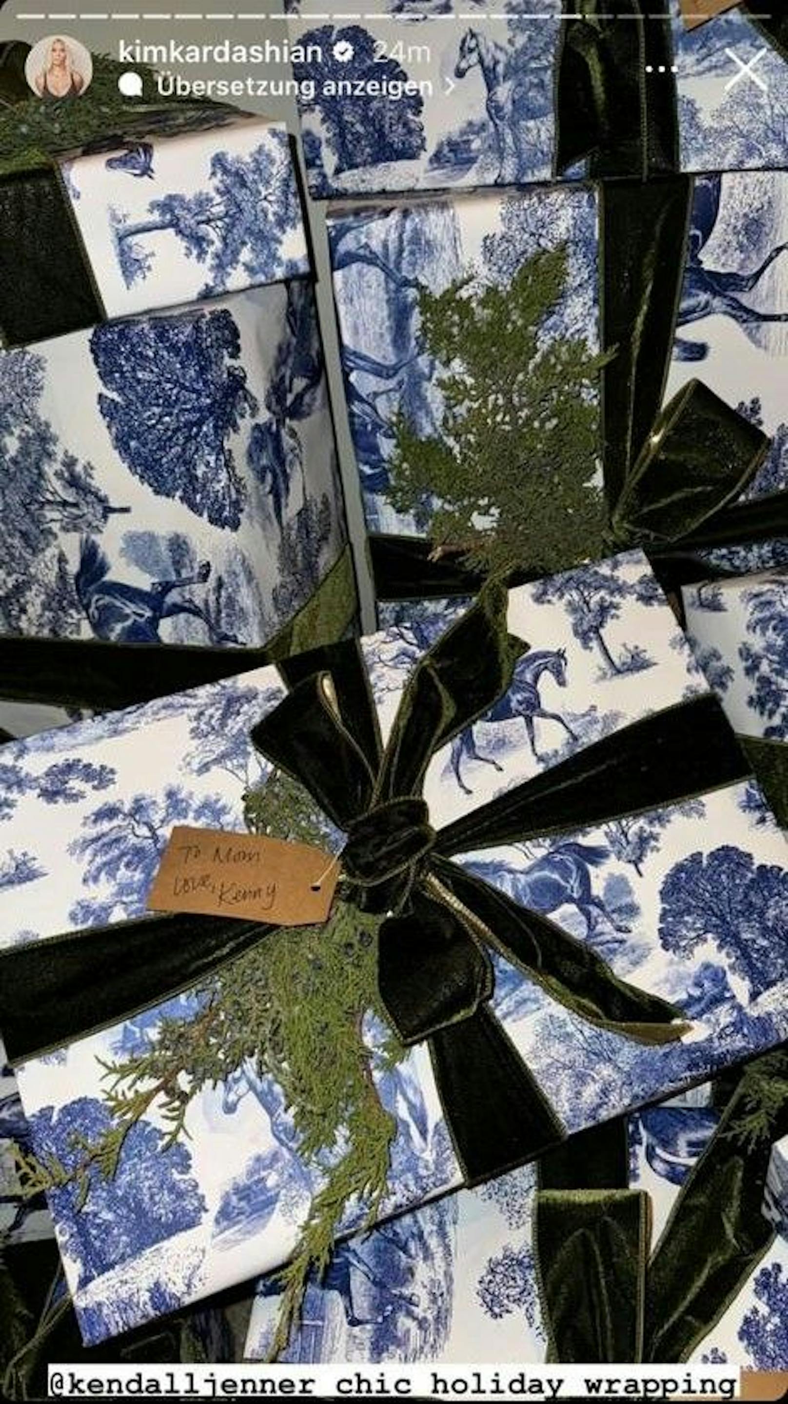 Kendall Jenner verwendete passend zu ihrer Vorliebe, ein blau-weißes Papier mit Pferden.