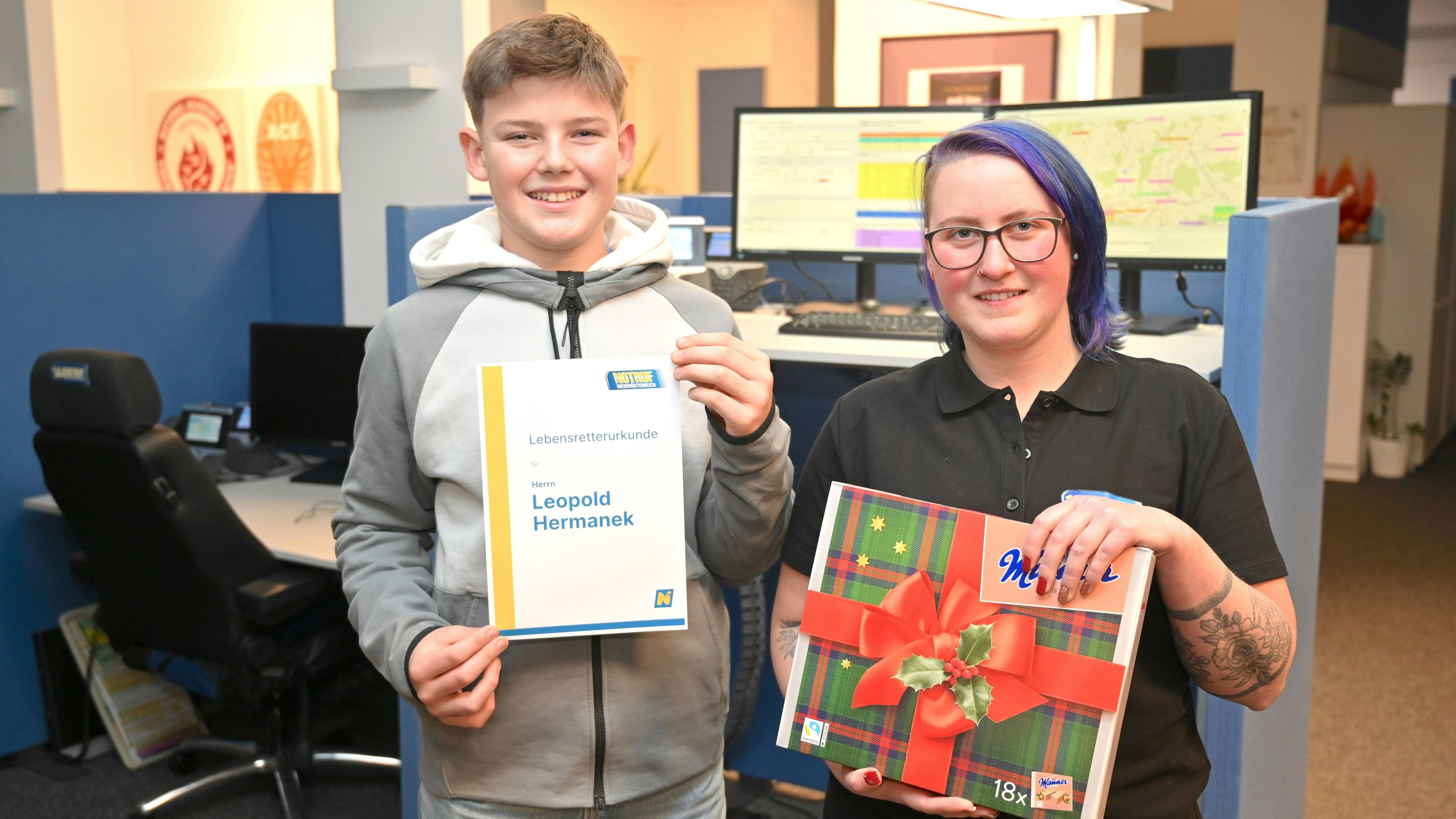 Lebensretter Leopold Hermanek mit seiner Cousine Katrin Lang, die Notrufexpertin bei Notruf Niederösterreich ist.