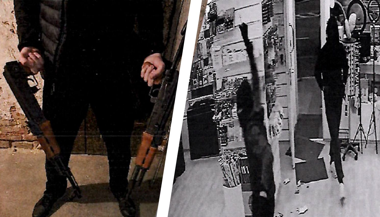 Jugendliche mit Kalaschnikows, rechts Jugendbande beim mutmaßlichen Überfall auf einen Handyshop in Meidling.