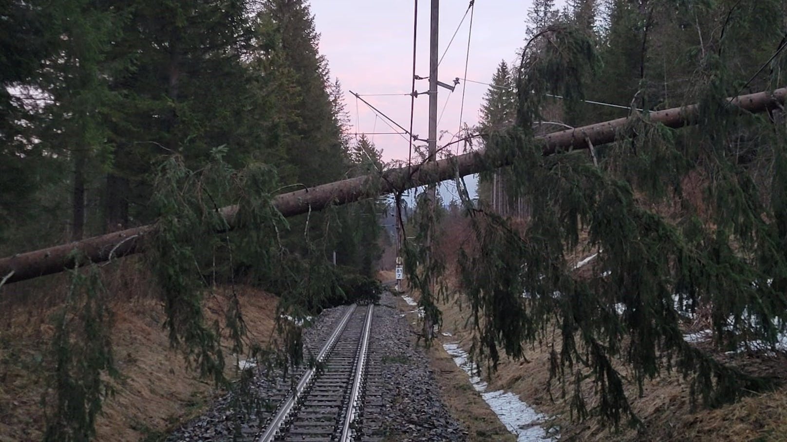 Die Leitung wurde in Folge schwer beschädigt, der Zugverkehr muss ausgesetzt werden.