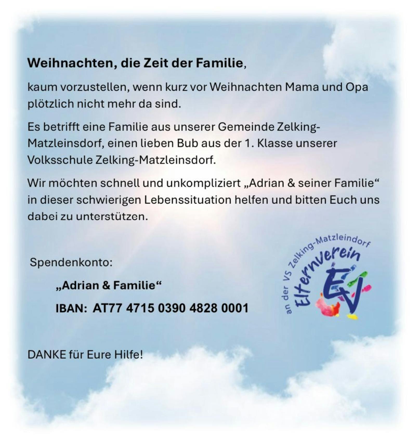 Der Elternverein der Schule Zelking/Matzleinsdorf startete eine Spendenaktion.