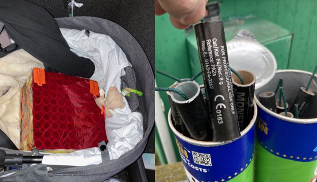 Die verbotenen pyrotechnischen Gegenstände waren im Kinderwagen und in Chips-Dosen versteckt.