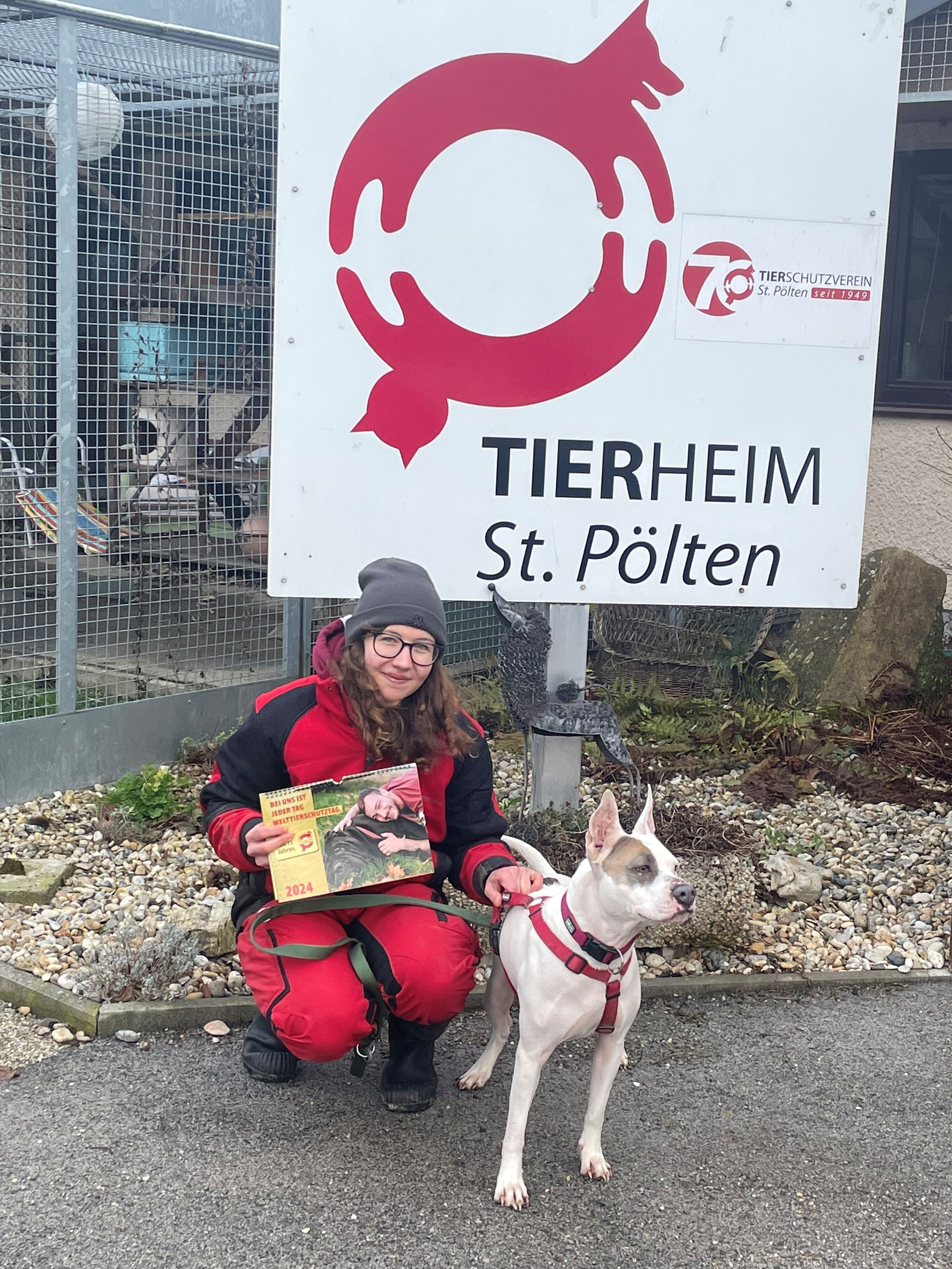 Tierschutzverein St. Pölten Mitarbeiterin Lea mit Hund Marie und dem neuen Tierschutzkalender.