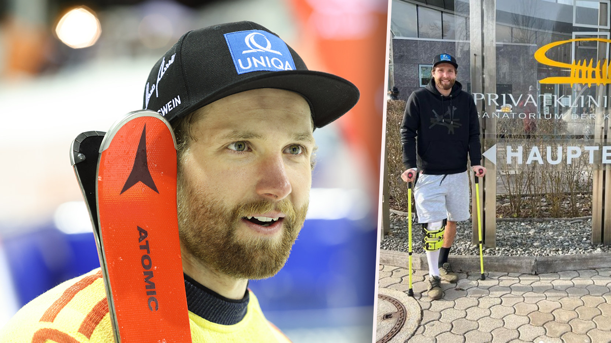 ÖSV-Star Marco Schwarz zeigt sich auf Krücken. 