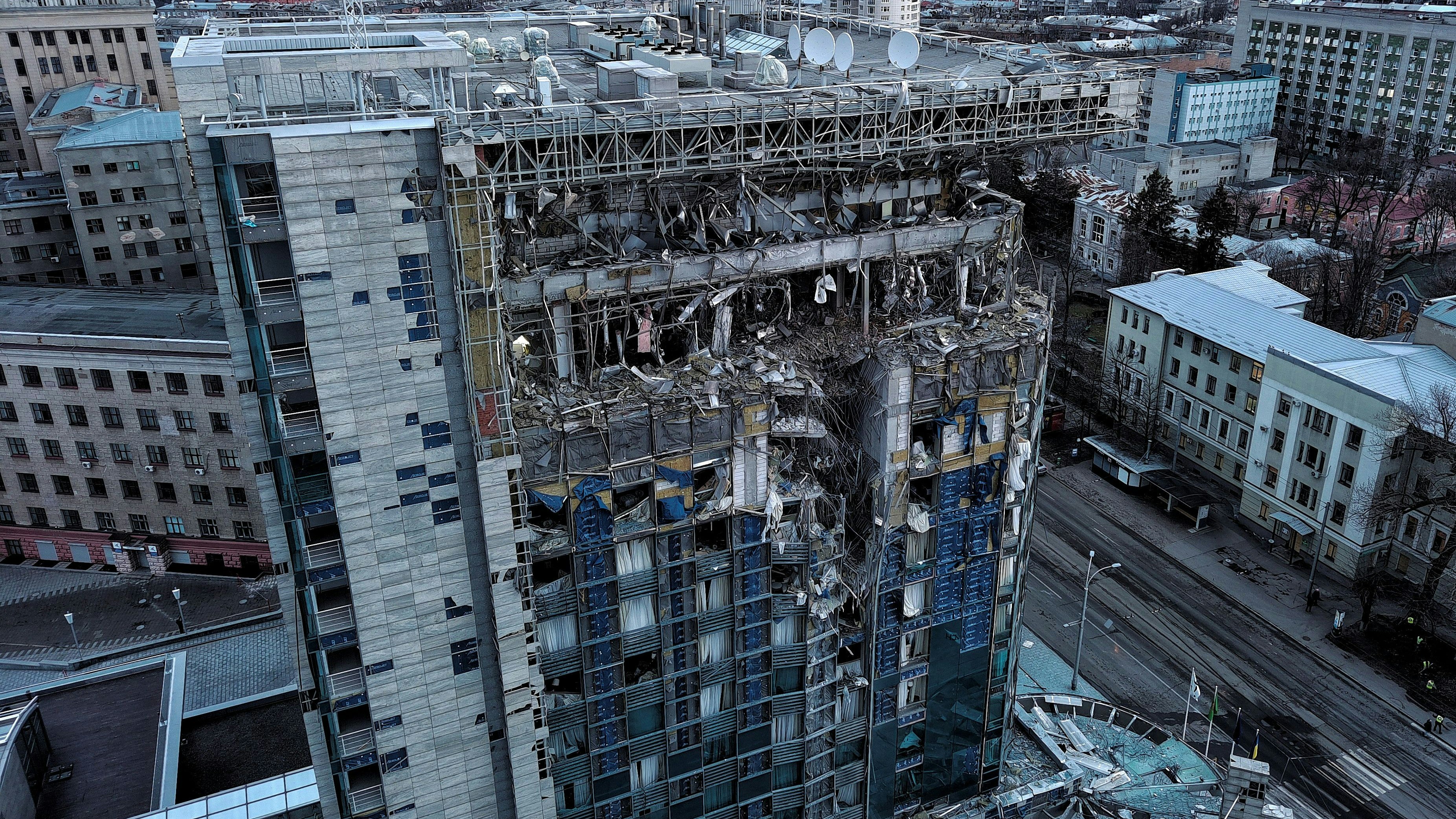 A view shows the Kharkiv Palace Hotel heavily damaged by a Russian missile strike, amid Russia's attack on Ukraine, in Kharkiv, Ukraine December 31, 2023. REUTERS/Yan Dobronosov