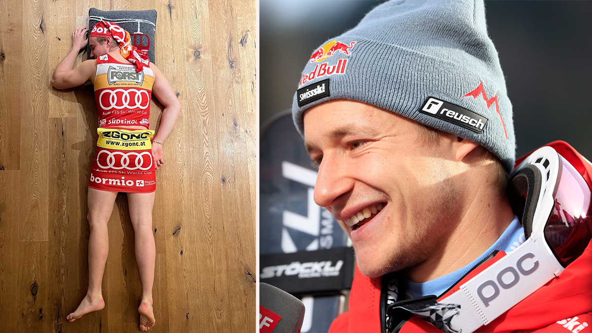 Ski-Star Marco Odermatt präsentiert seine Weltcup-Trikots. 