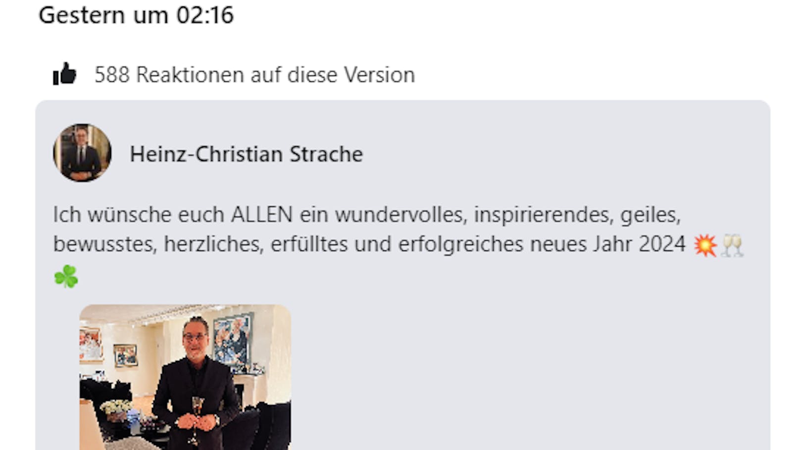 Um 2.16 Uhr bearbeitete Strache seinen Beitrag. Er wünschte seinen Fans ein "geiles neues Jahr 2024".