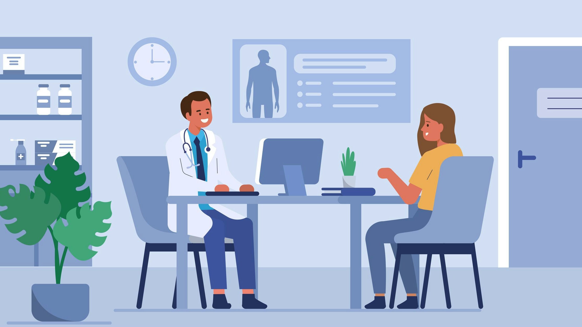 Woman talking with man doctor in his office. Patient having consultation with doctor therapist in hospital. Male and female medical people characters. Flat cartoon vector illustration.