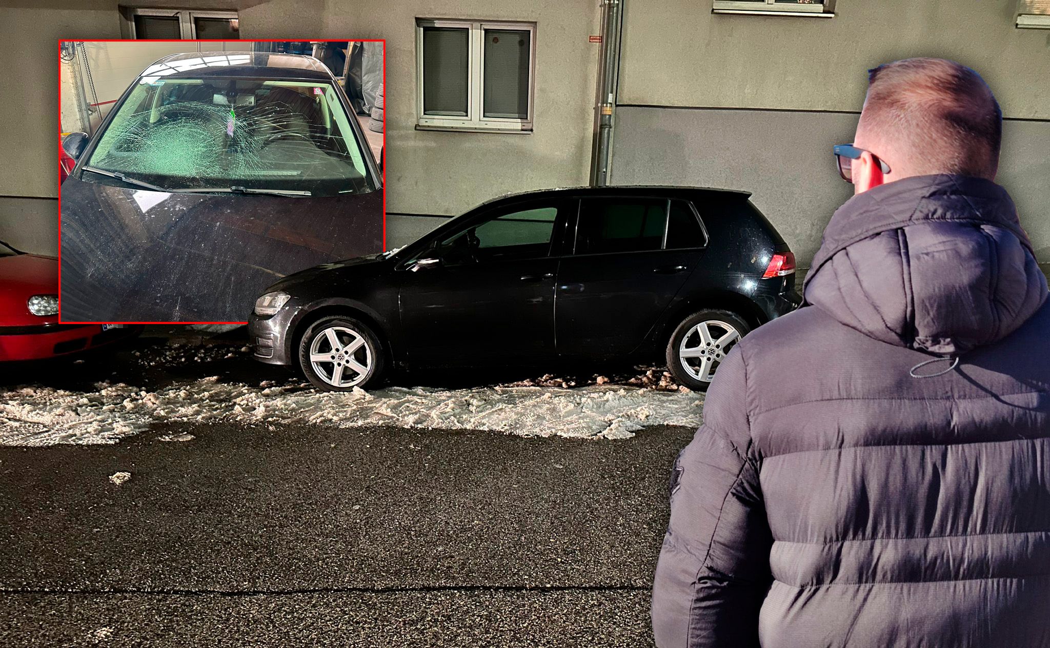 Ervin ist richtig sauer: Die Eisplatte demolierte seinen VW Golf.