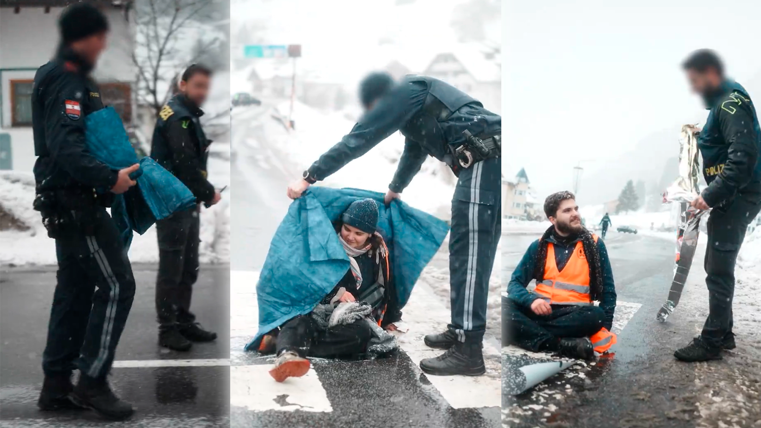 Polizisten achteten darauf, dass die Aktivisten sich nicht verkühlten.