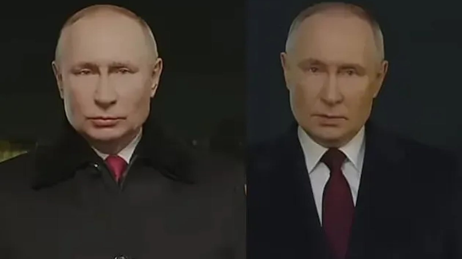 Der ukrainische Militärgeheimdienst hat erneut bekräftigt, dass Wladimir Putin Doppelgänger nutzen soll. Im Bild: Putin bei der Neujahrsansprache 2022 und 2024 – vor zwei Jahren noch mit rundlichem Gesicht und leicht aufgedunsen, im neuen Jahr glatt gestrafft und mit schmalem Gesicht.