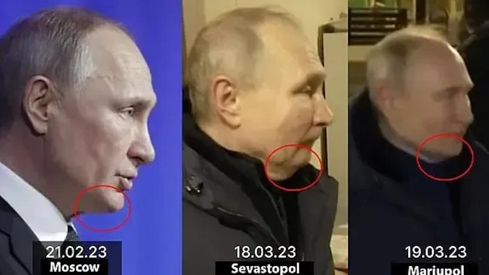 Auch Putins Kinn, das sich in weniger als 30 Tagen mehrmals markant zu verändern schien, rief in der Vergangenheit bereits Zweifel hervor.