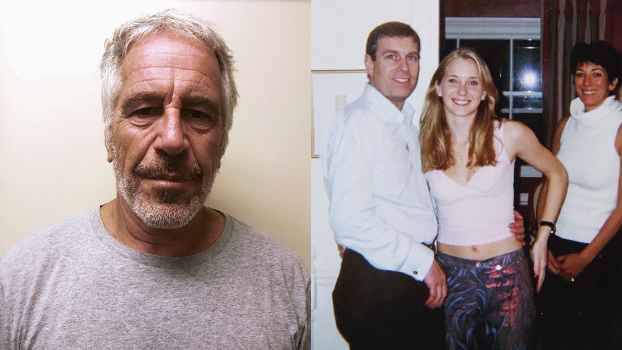 Jeffrey Epstein (links), Prince Andrew, mutmaßliches Opfer Virginia Giuffre und Ghislaine Maxwell (rechts).