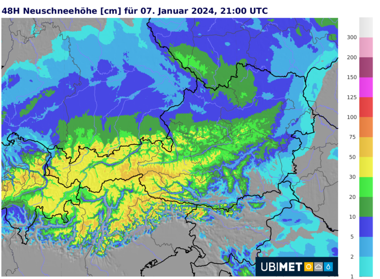 Neuschneeprognose für das Wochenende (in Flachland fällt erst am Sonntag Schnee).