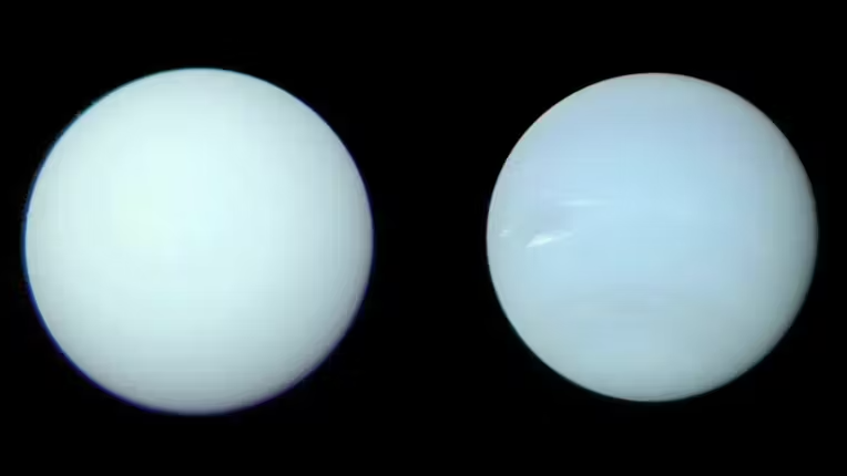 Eigentlich haben die zwei Planeten aber einen sehr ähnlichen Farbton, wobei Neptun (rechts) etwas bläulicher ist.