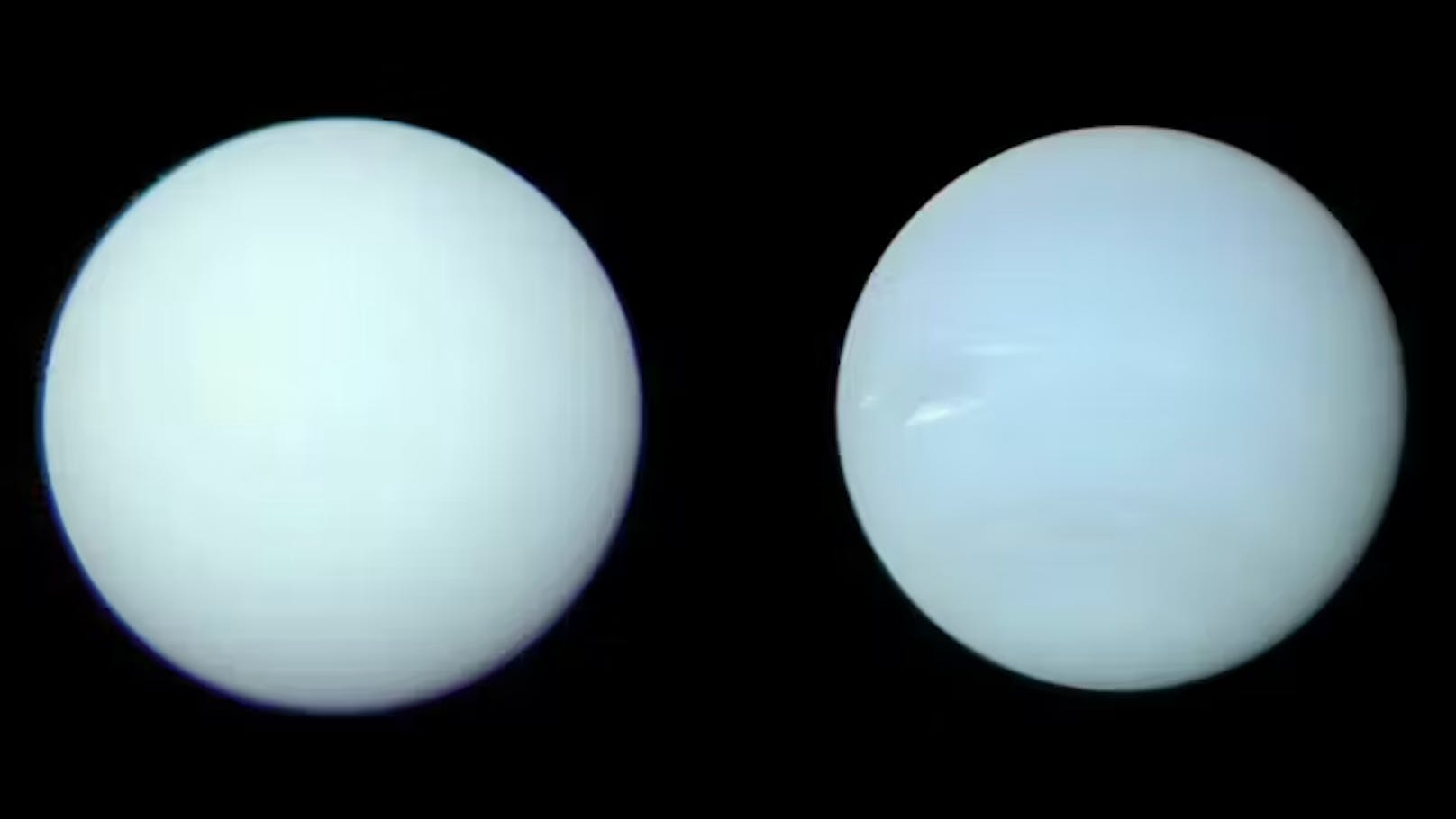 Eigentlich haben die zwei Planeten aber einen sehr ähnlichen Farbton, wobei Neptun (rechts) etwas bläulicher ist.