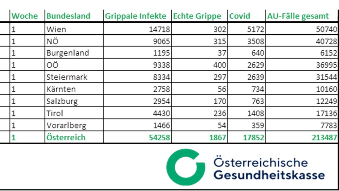 Die ÖGK-Krankenstandzahlen in der ersten Woche des Jahres 2024.