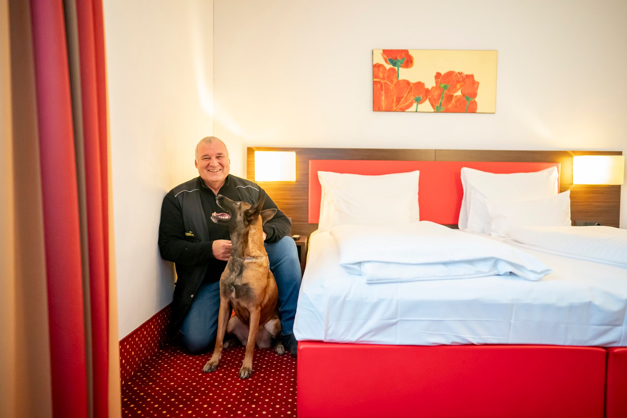 Peter Thums und sein Spürhund Ora beim Einsatz im Hotelzimmer