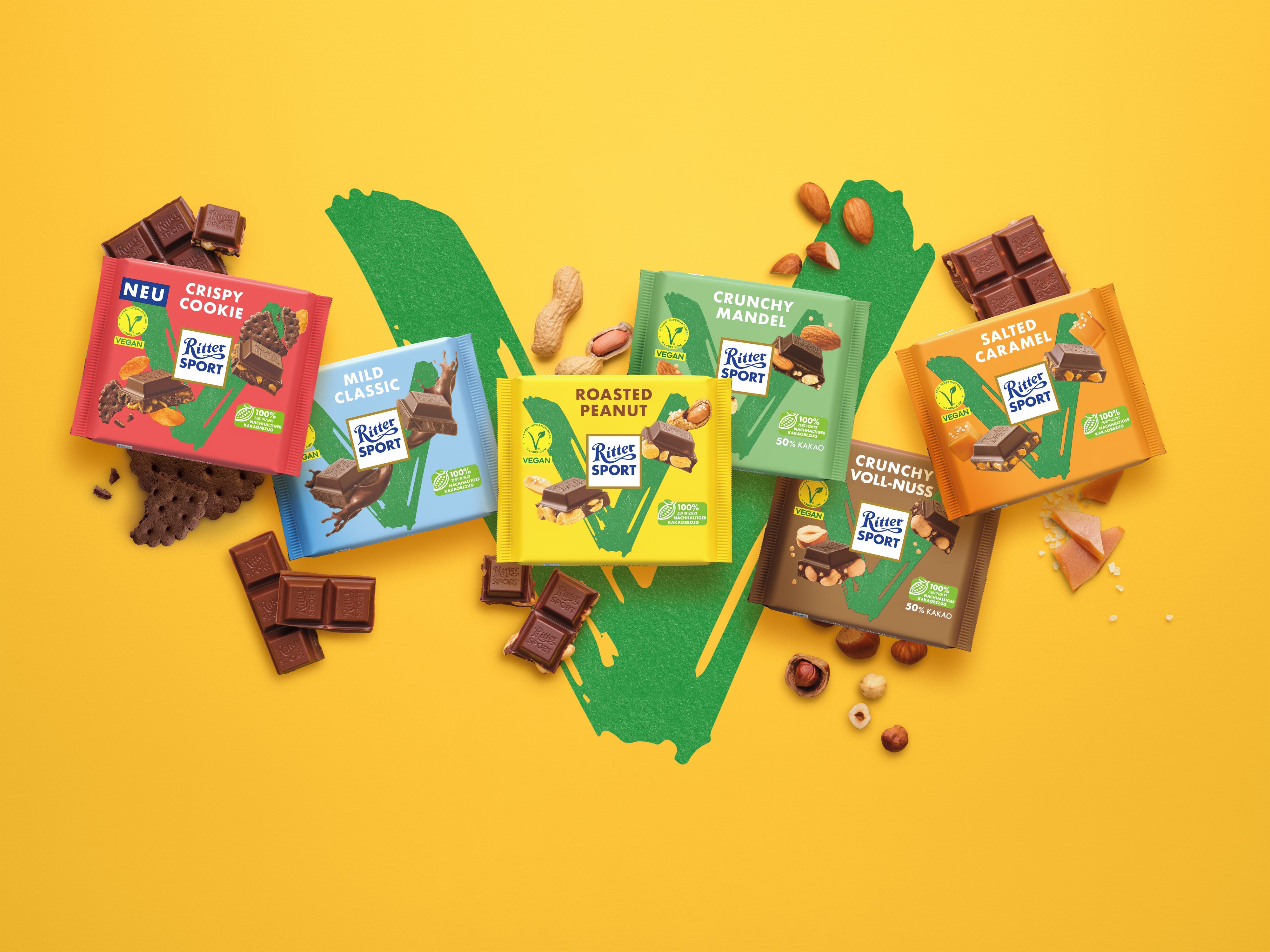 Die veganen Tafeln von RITTER SPORT gibt es mittlerweile in sechs verschiedenen Geschmacksrichtungen.