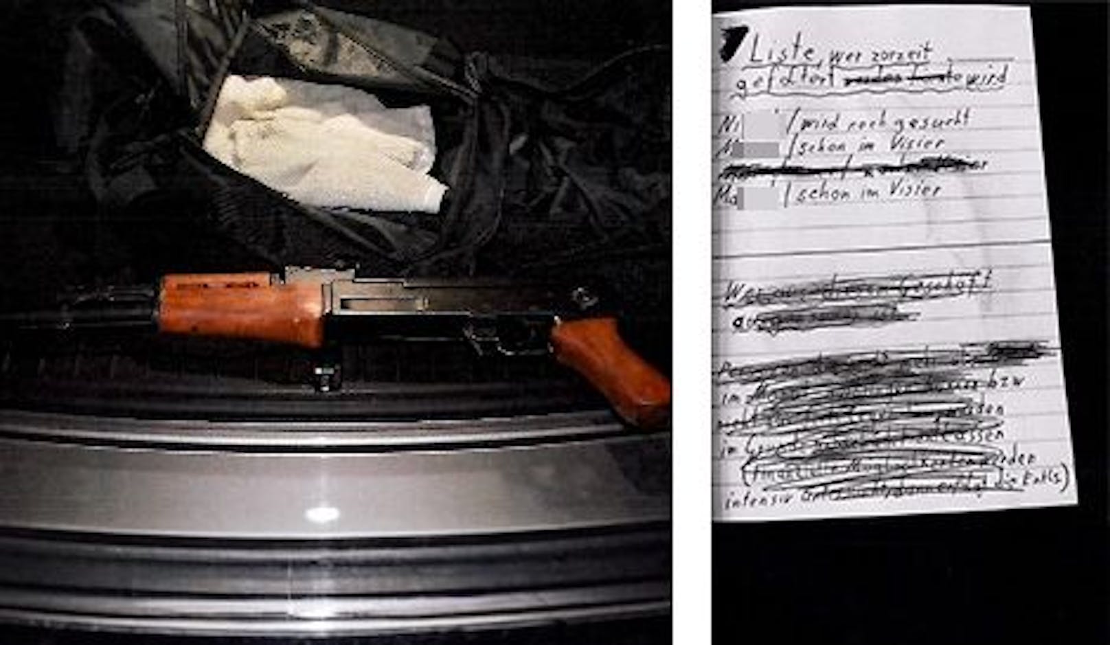Die gefundene Kalaschnikow im Kofferraum, daneben die Folterliste mit weiteren Opfern.