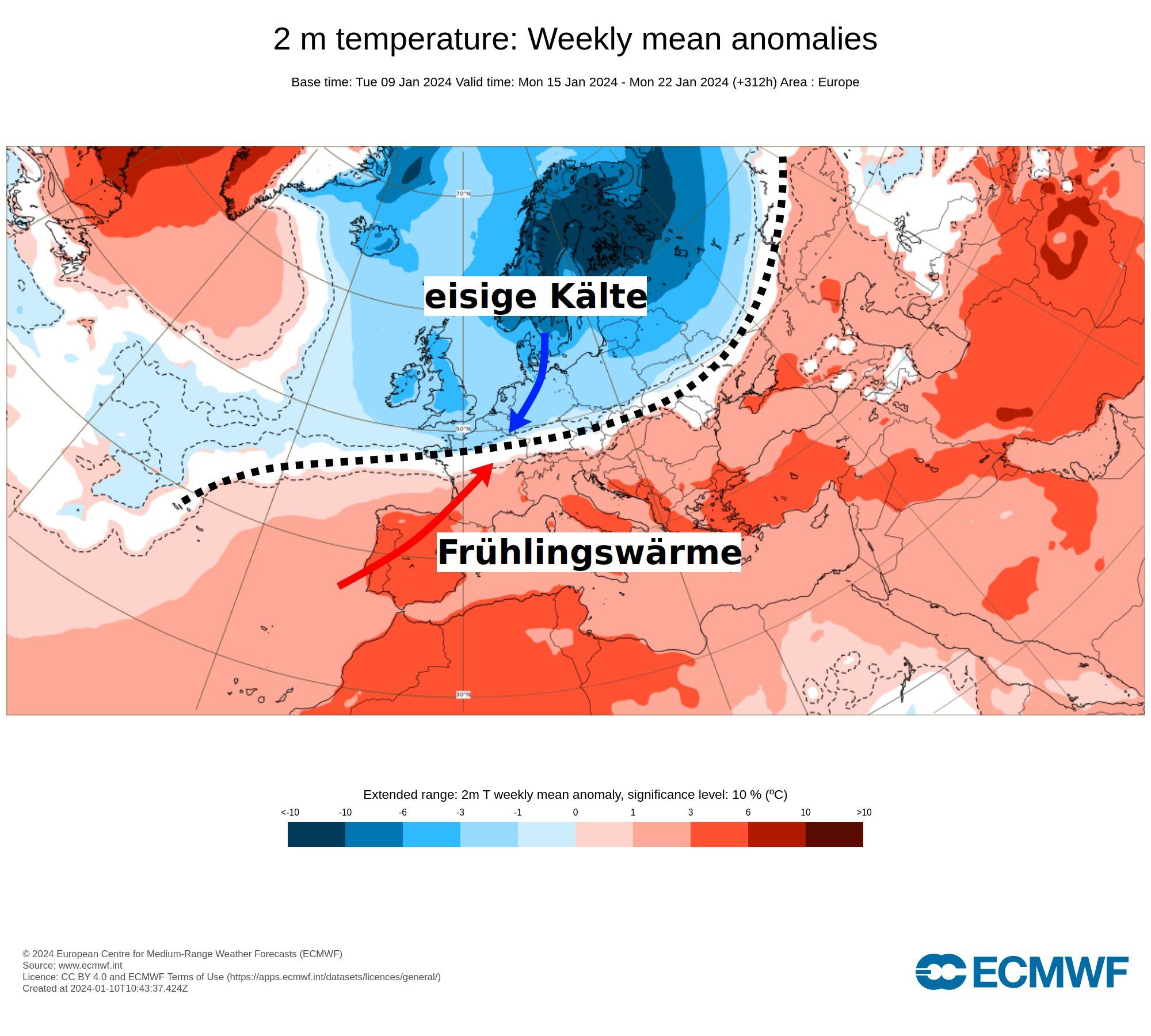 Genau über Mitteleuropa treffen Kaltluft aus Skandinavien (in Schweden wieder -40°) und warme Luft aus dem Mittelmeerraum (dort 20-25°) aufeinander.