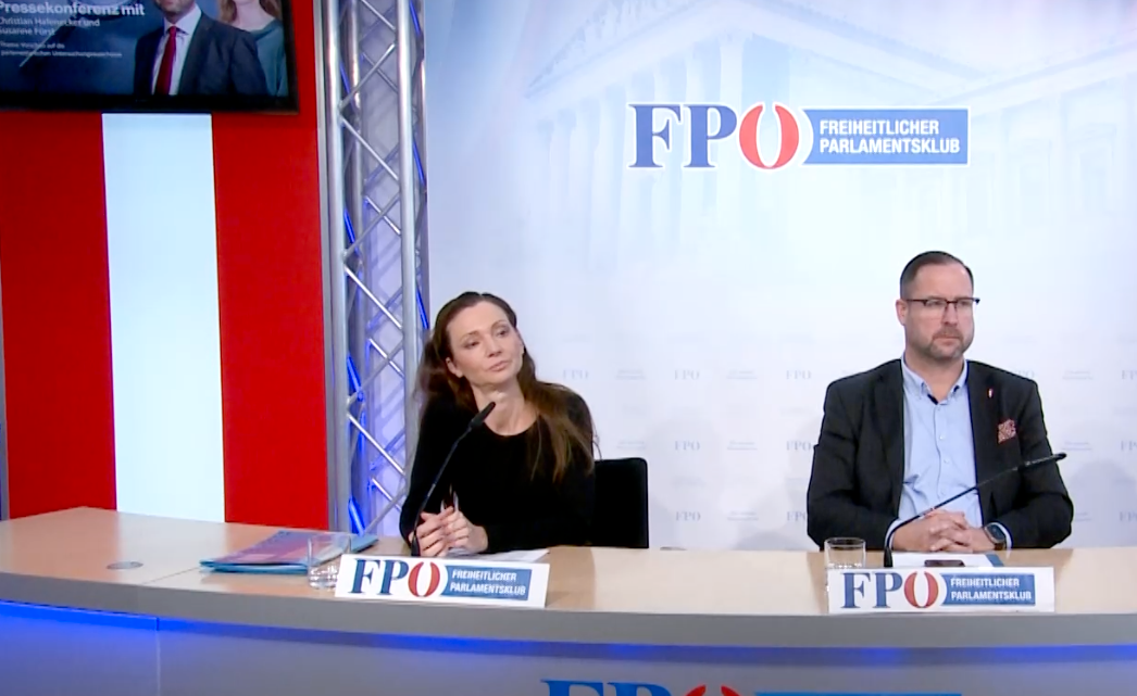 FPÖ-General Christian Hafenecker und Klubobmann-Stv. Susanne Fürst präsentierten blaue Agenda für den Cofag-Ausschuss.