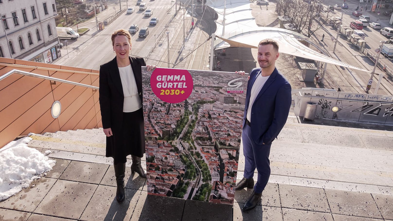 Die beiden Parteivorsitzenden Judith Pühringer und Peter Kraus bei der Präsentation ihres "Gemma Gürtel 2030+"-Plans am Wiener Gürtel.