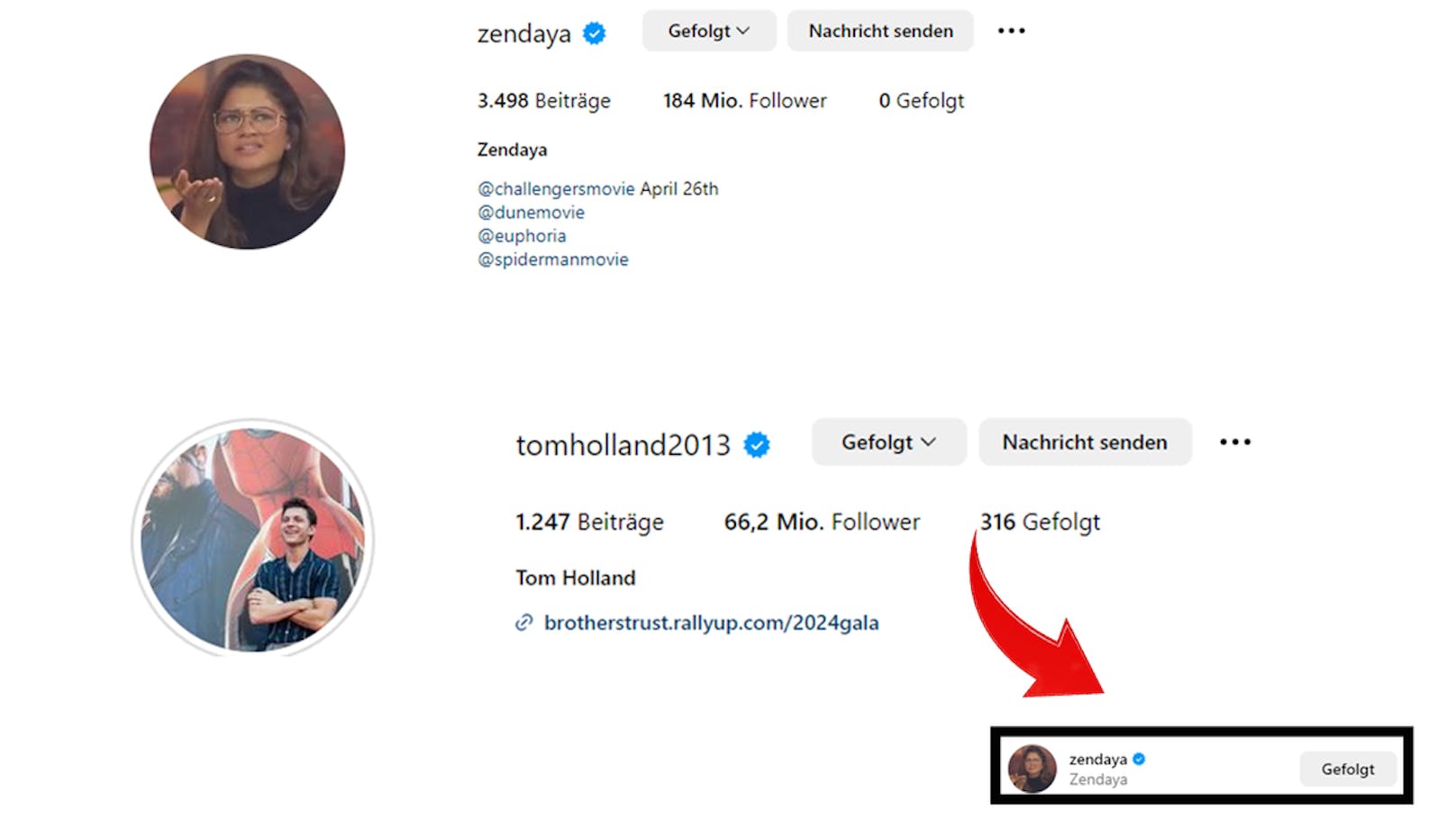 Zendaya folgt niemandem mehr auf Instagram, Tom bleibt seiner Freundin treu und folgt ihr immer noch.