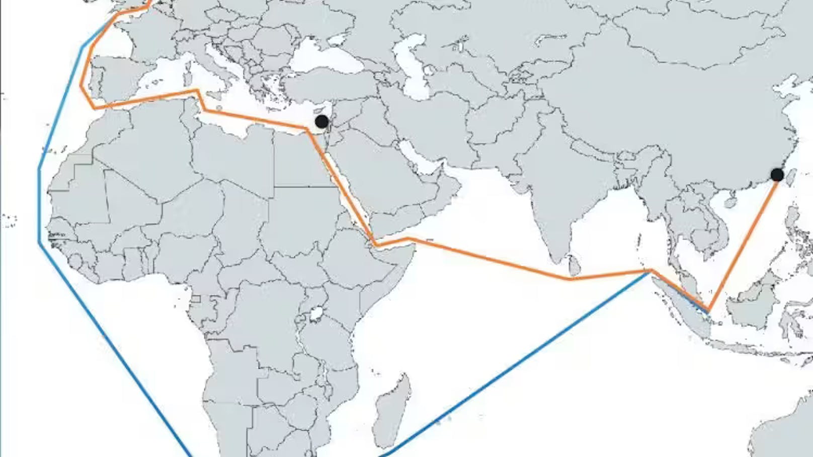 Orange Linie: Die kurze Route von Europa nach Asien (oder umgekehrt). Die blaue Linie zeigt eine 3500 Seemeilen längere Route über den Kap der Guten Hoffnung in Südafrika.