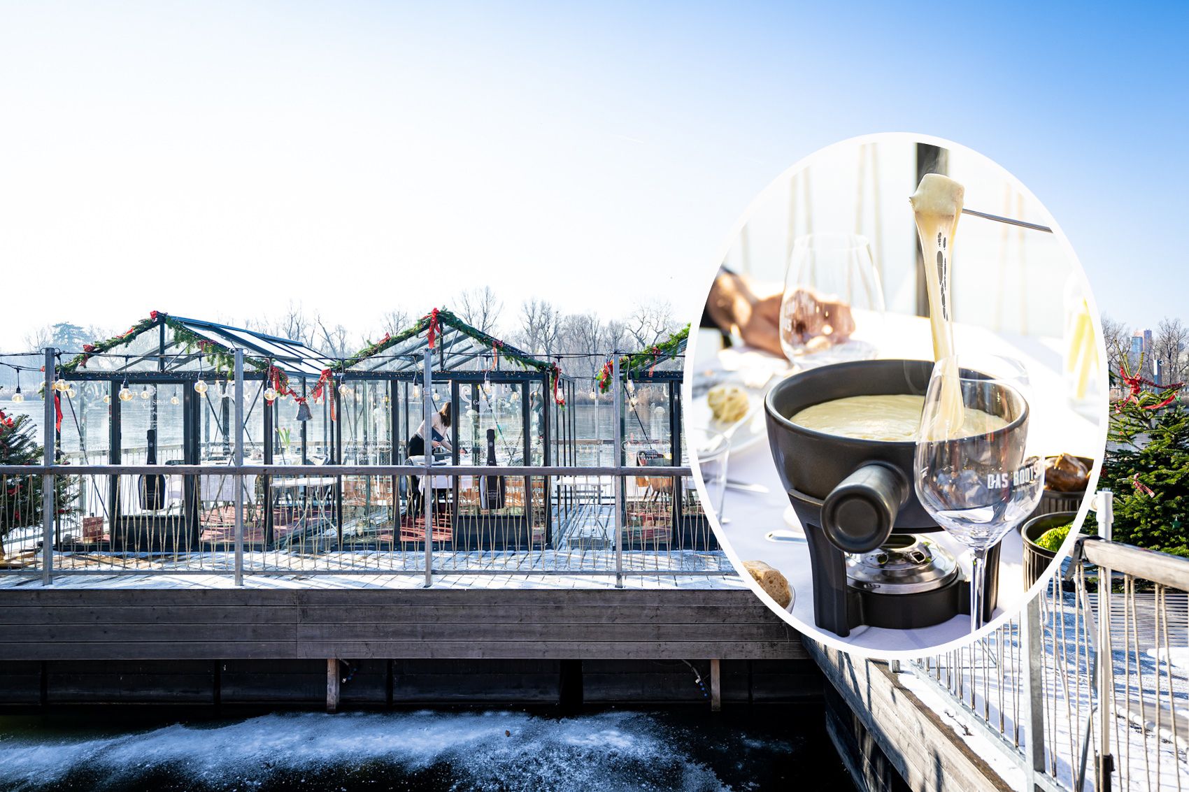 In den Glashäusern am Steg des Bootshauses können zwei verschiedene Käsefondue-Variationen genossen werden.