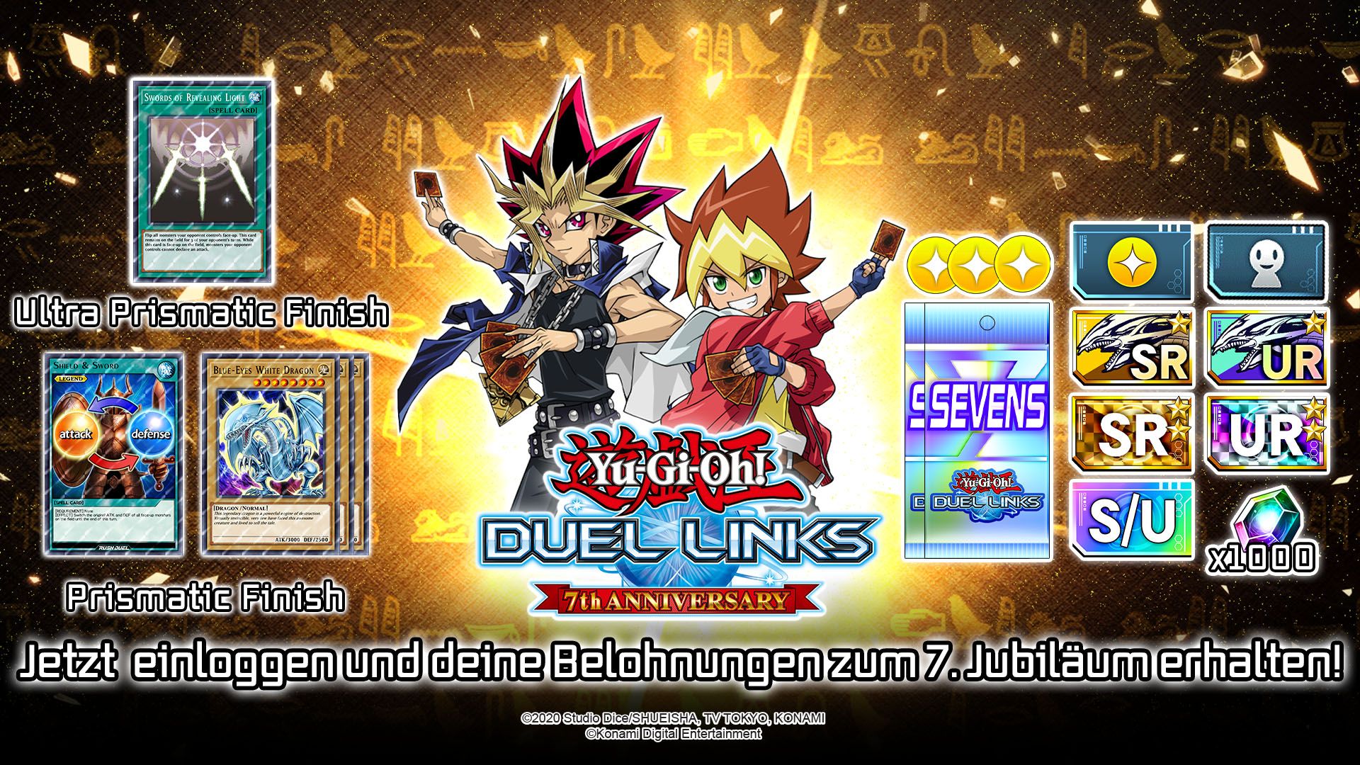 Sieben Jahre "Yu-Gi-Oh! Duel Links" werden mit einer Reihe kostenloser Belohnungen wie Edelsteinen, Packs, ikonischen Karten und mehr gefeiert.