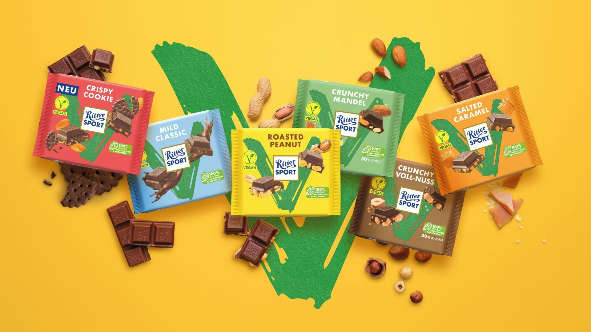 Die sechs pflanzlichen Sorten von RITTER SPORT: Crispy Cookie, Mild Classic, Roasted Peanut, Crunchy Mandel, Crunchy Voll-Nuss und Salted Caramel