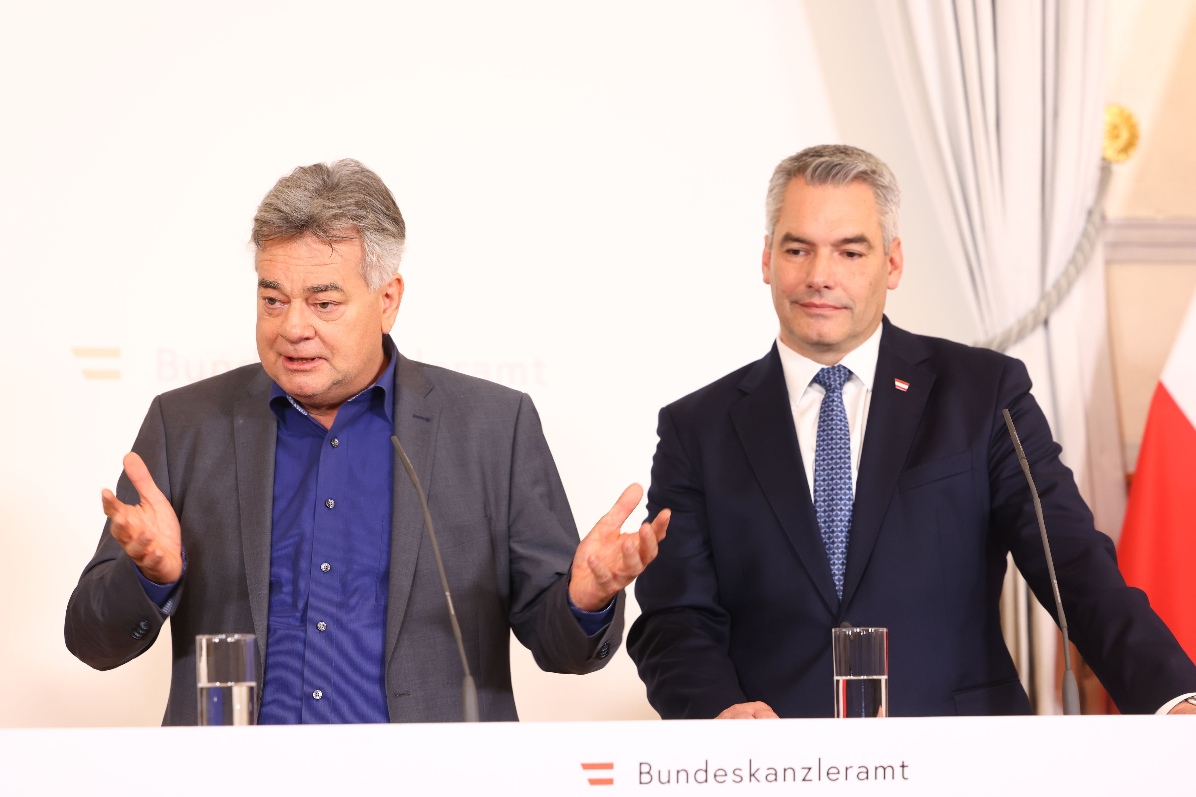 Vizekanzler Werner Kogler und Bundeskanzler Karl Nehammer.