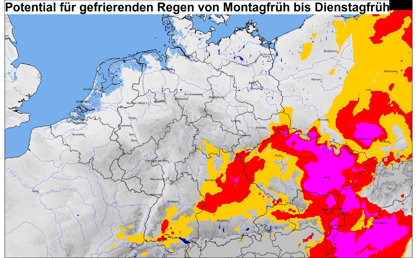 Potential für gefrierenden Regen von Montagfrüh bis Dienstagfrüh.