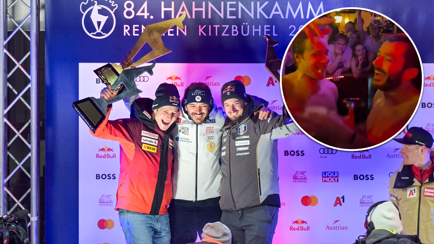 Nach der Siegerehrung war Feiern bei Cyprien Sarrazin und Marco Odermatt angesagt.