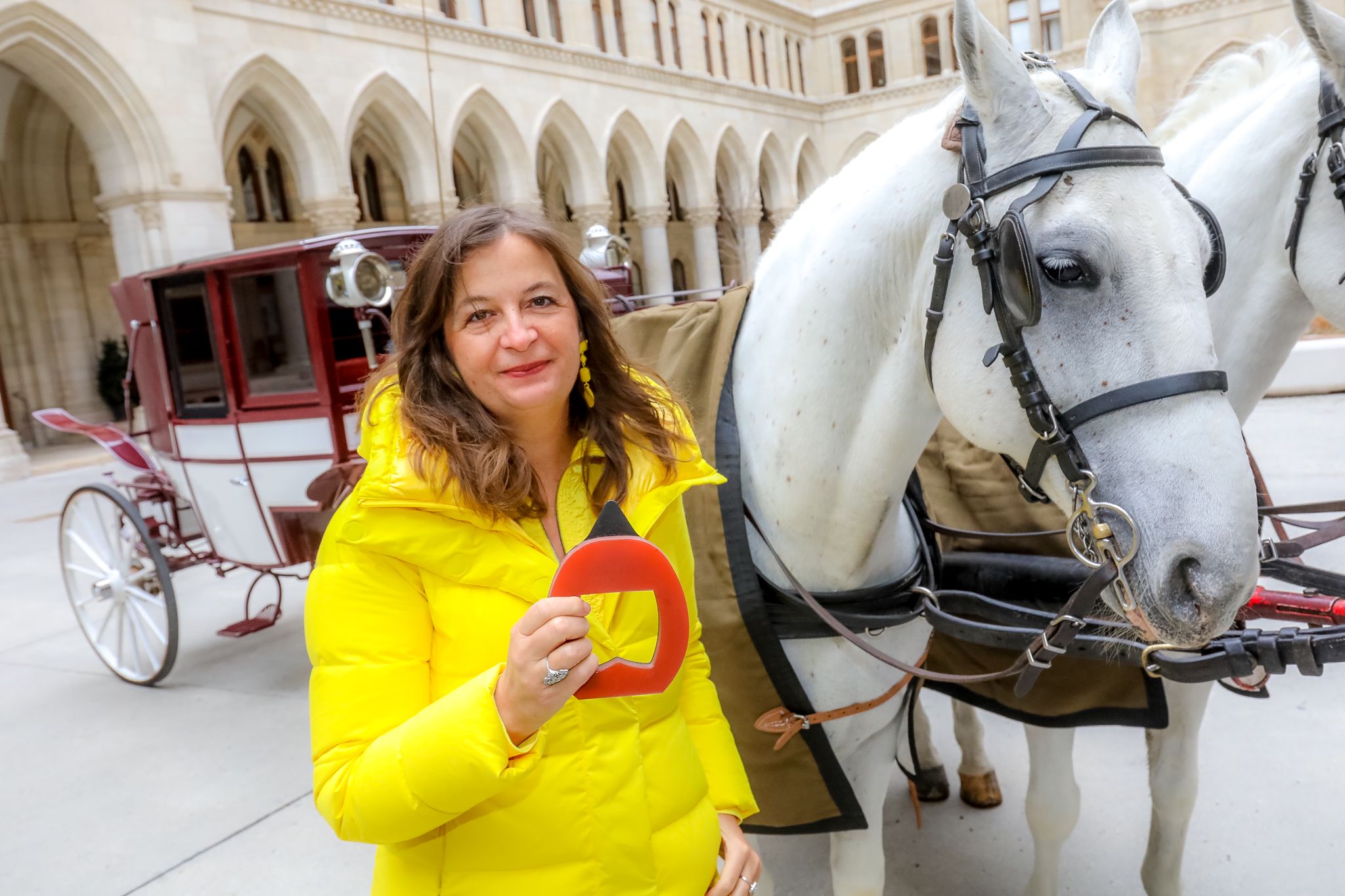Mobilitätsstadträtin Ulli Sima (SPÖ) präsentiert die neuen Hufbeschläge für Wiens Fiakerpferde aus Kunststoff.&nbsp;