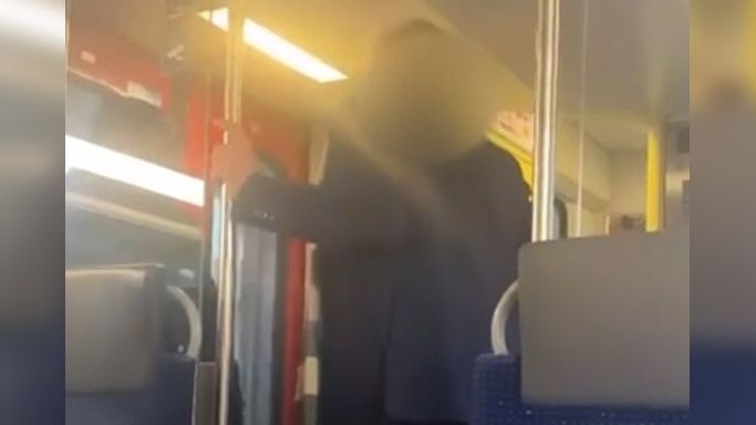 «We don't tolerate such a**ho*** here»: Ein älterer Mann beleidigt einen anderen Fahrgast rassistisch.