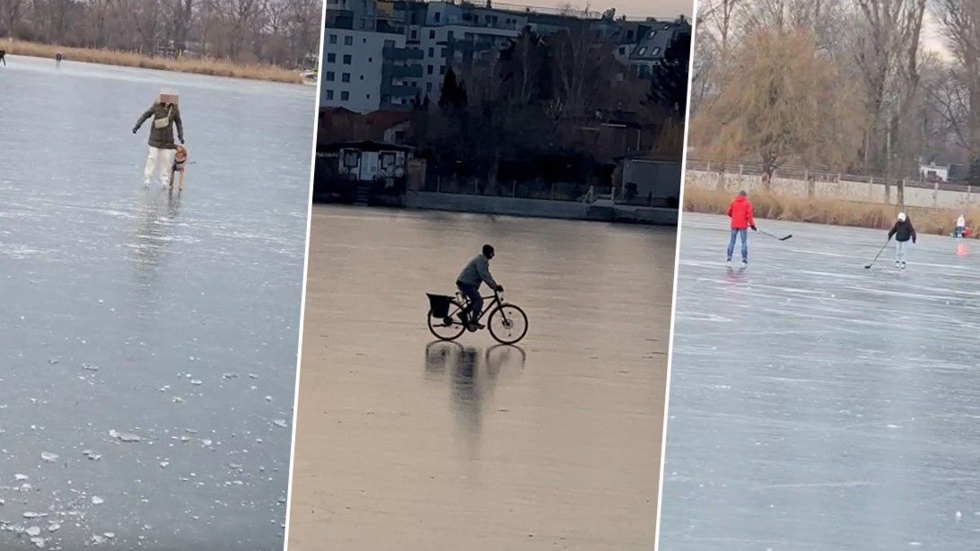 Dutzende Wiener haben derzeit ihren Spaß auf dem zugefrorenen Fluss.
