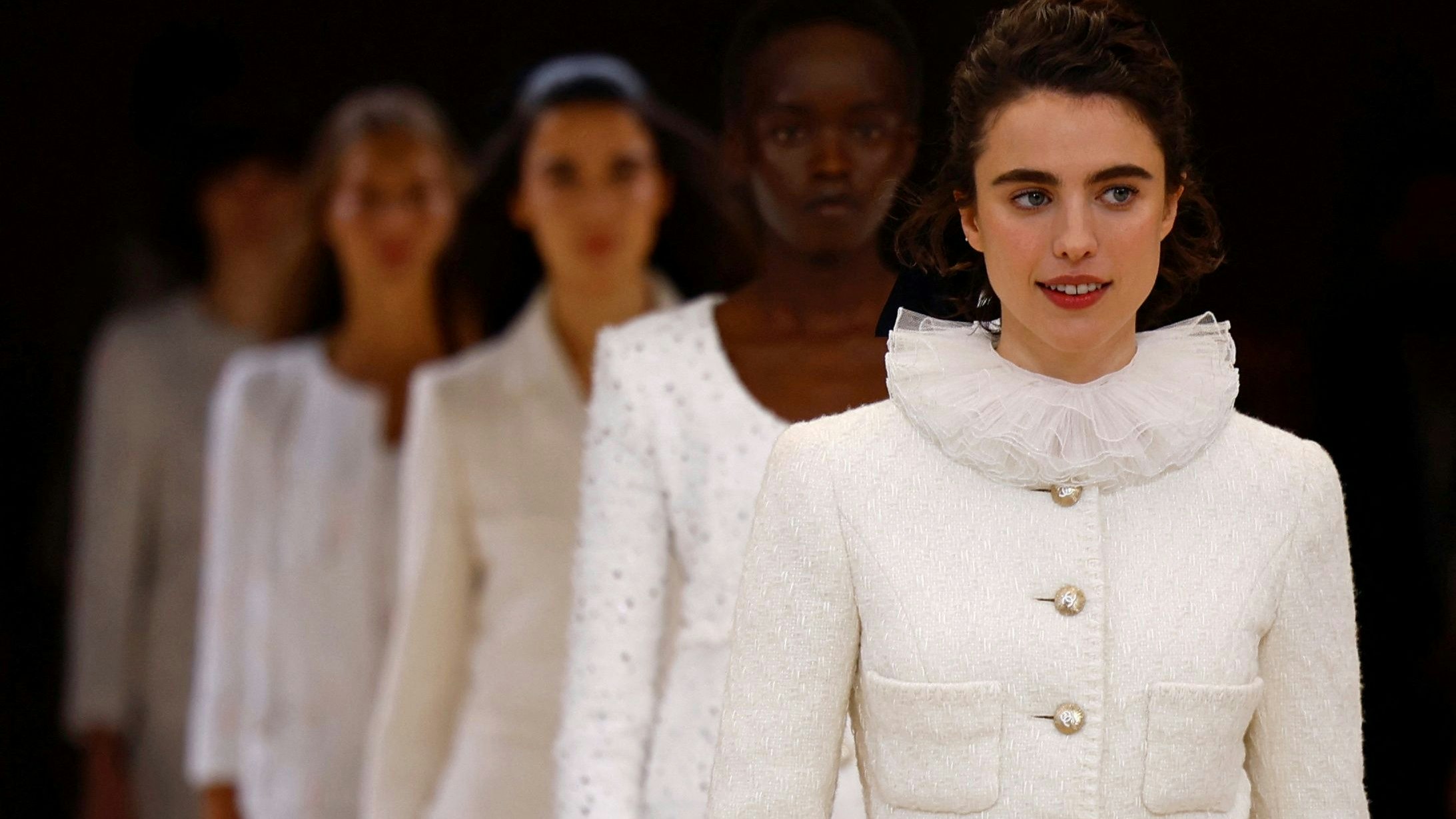 Margaret Qualley presents a creation by designer Virginie Viard as part of her Haute Couture Spring-Summer 2024 collection show for fashion house Chanel in Paris, France, January 23, 2024. REUTERS/Sarah Meyssonnier